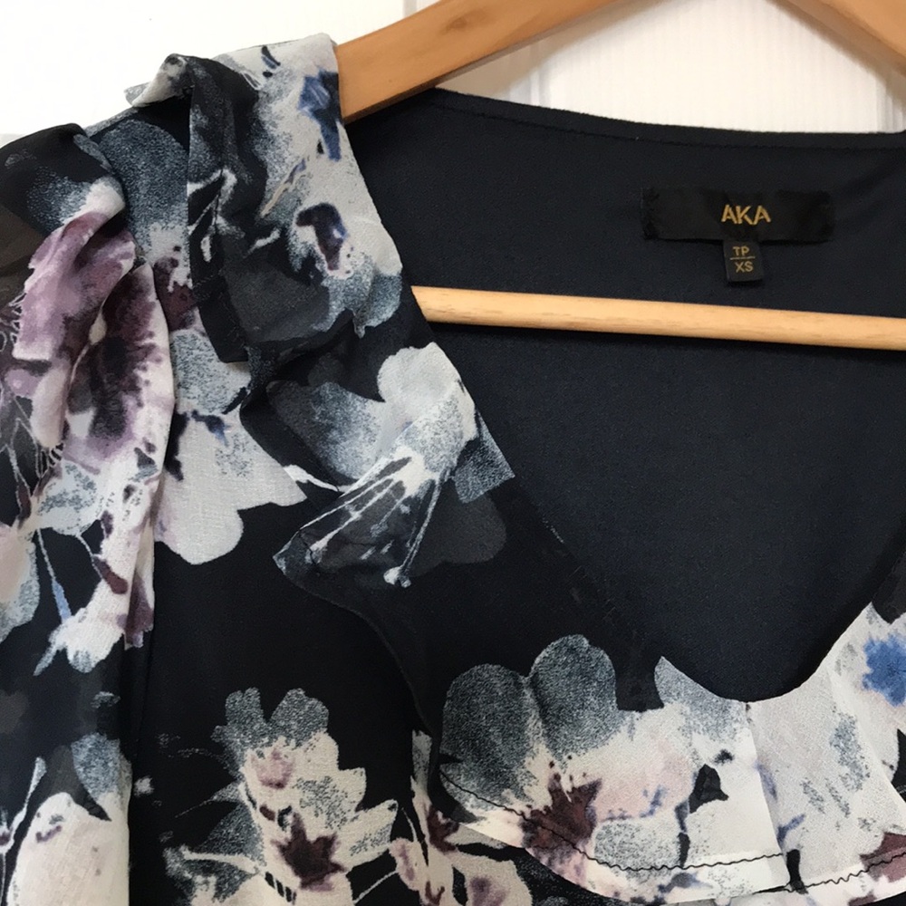 AKA Sapphire Blue Floral Mini Dress with Tiered Ruffles; Long Sleeve; XS - Picture 4 of 16